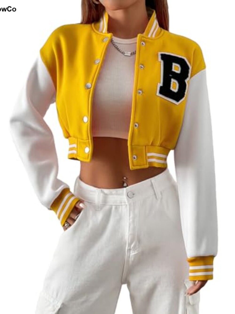 Women's Color Block Crop Varsity Jacket Long Sleeve Button Front